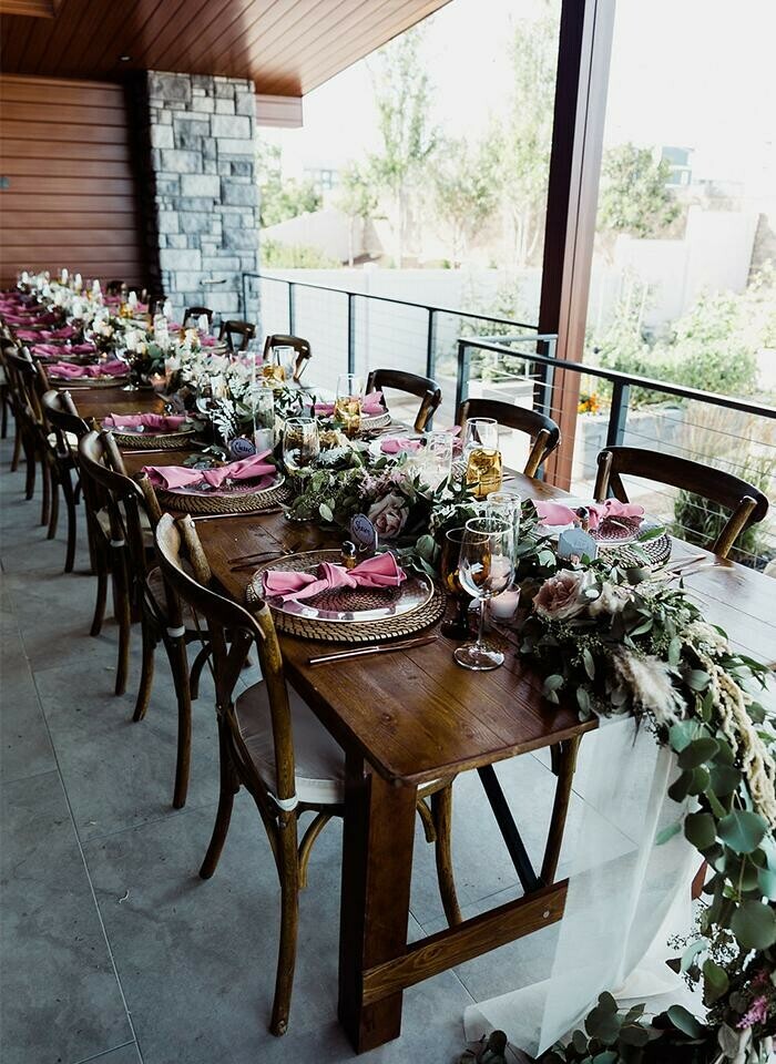 Special Event Rentals - Regina's Wedding Rentals - Rustic Tablescape with Pink and Greenery Details
